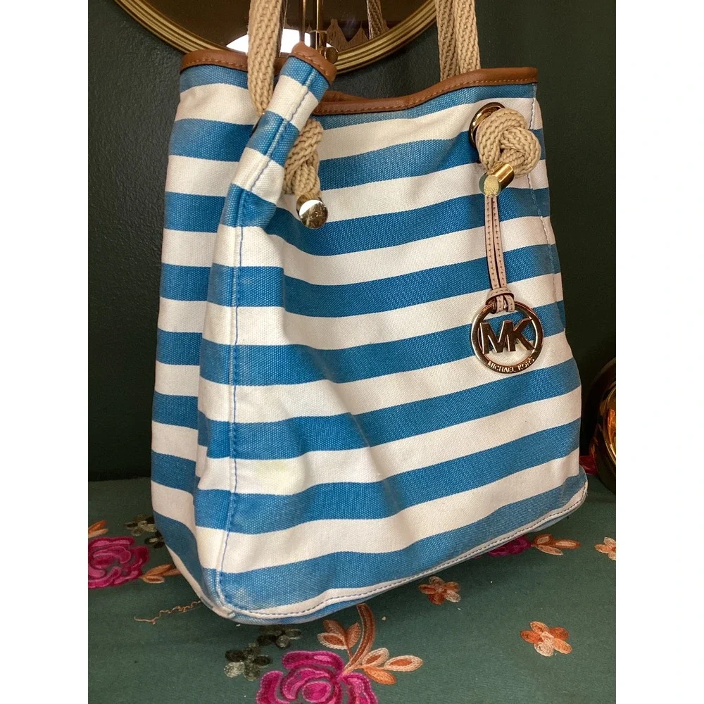 Michael Kors Canvas Tote Medium Blue White Striped‎ Nautical Rope Handle